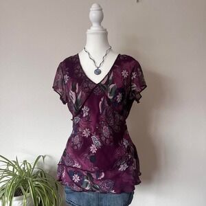 Vintage Reitmans Floral Blouse Purple Womens sz m cap sleeves fairycore dainty